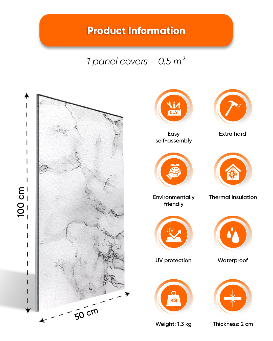 Wall Cladding Marble-look 50×100×2 cm | 3D Wall Panels Made of Styrofoam | Carrara White AT-05
