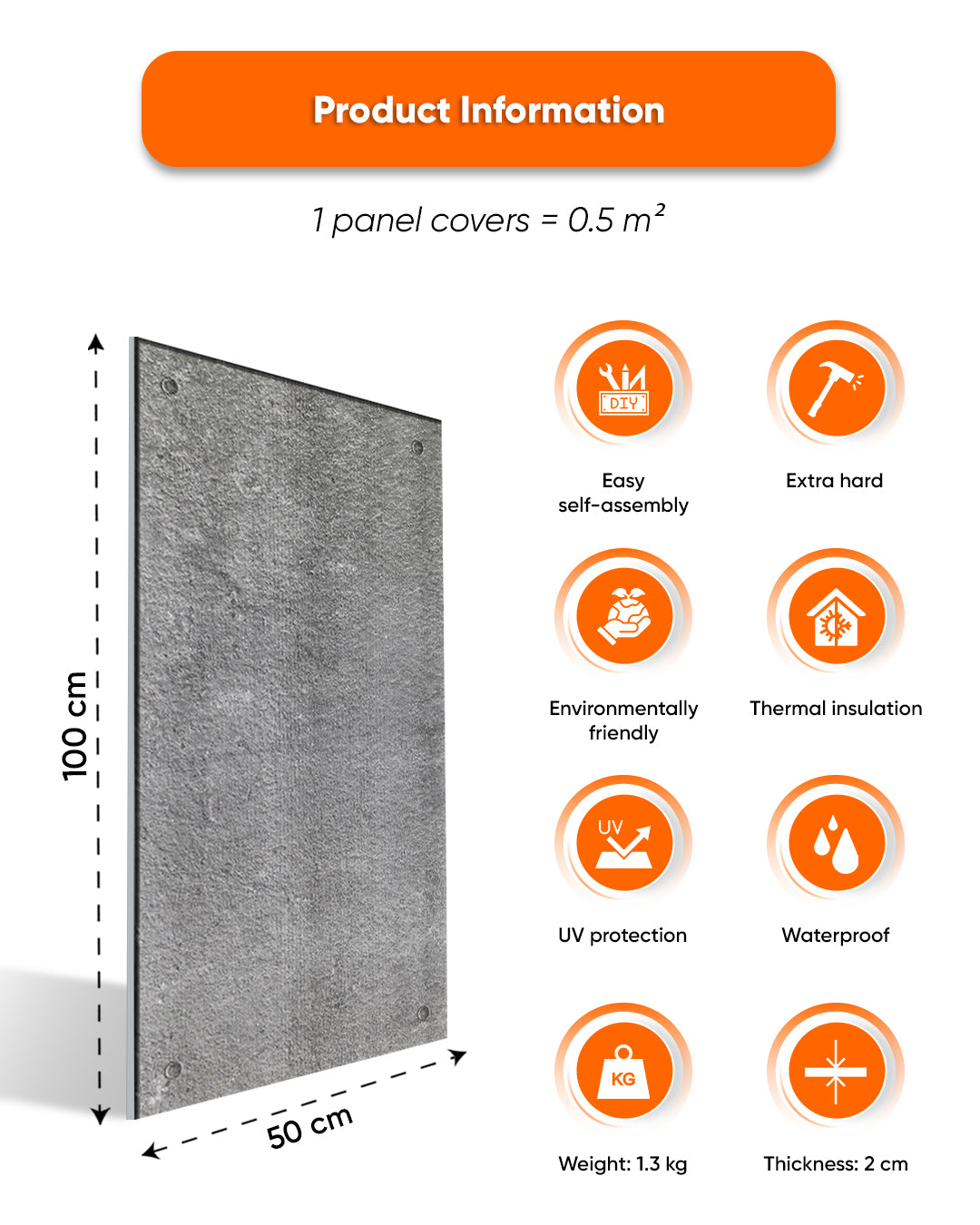 Wall Cladding Concrete Look 50×100×2 cm | 3D Wall Panels Made of Styrofoam | Dark Concrete AT-17