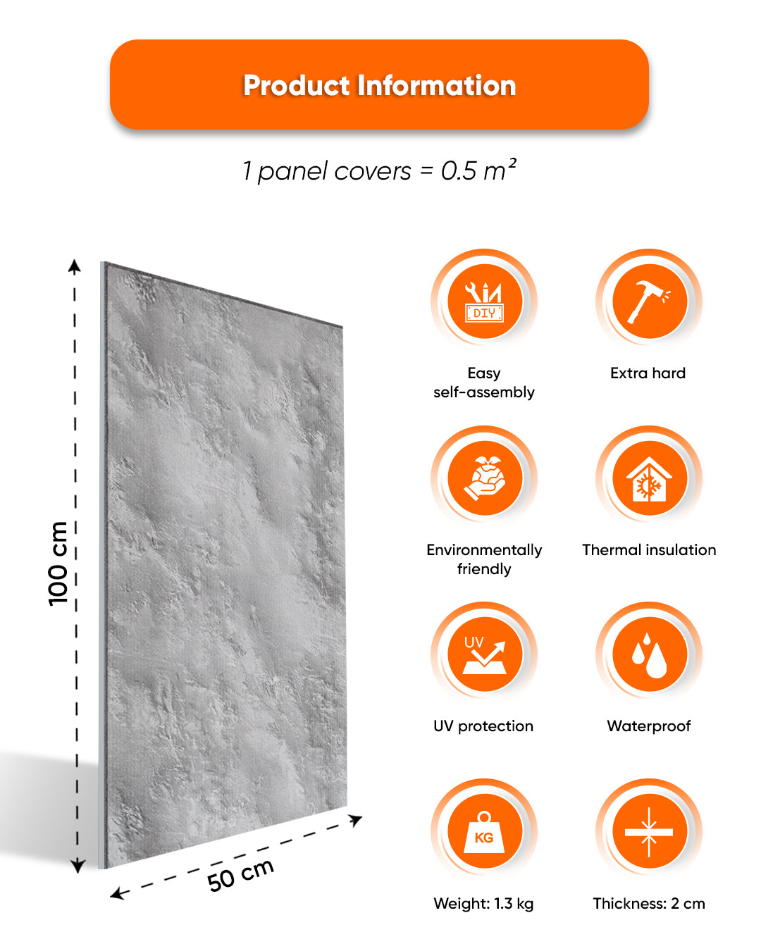 Wall Cladding Concrete Look 50×100×2 cm | 3D Wall Panels Made of Styrofoam | Silver Concrete AT-18