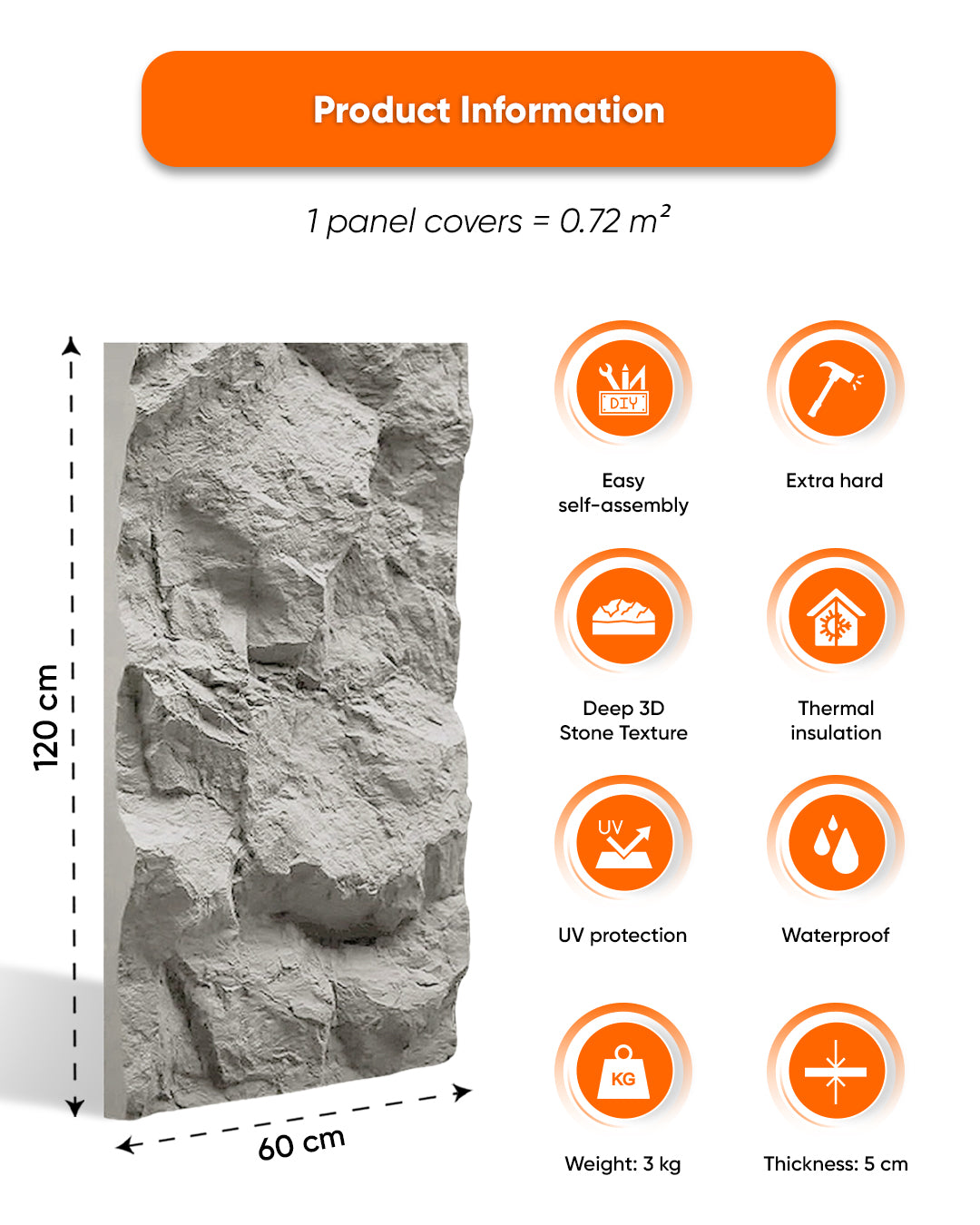 PU Wall Panels with Stone Finish | Light Grey Stone | 5 cm thick | 60x120 cm