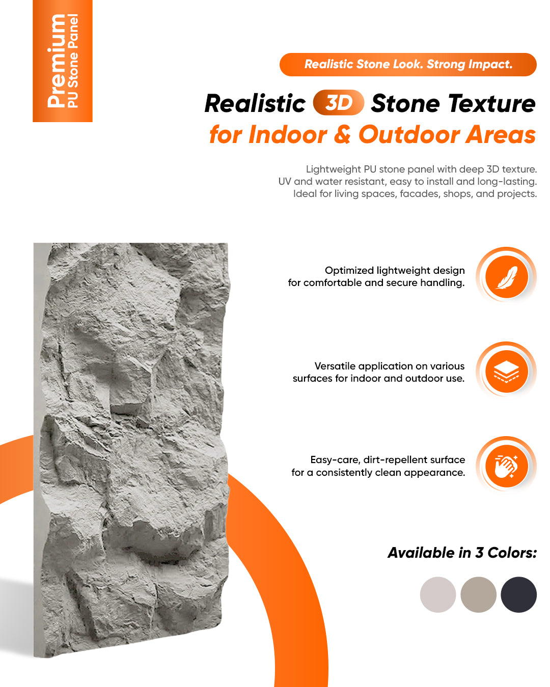 PU Wall Panels with Stone Finish | Light Grey Stone | 5 cm thick | 60x120 cm