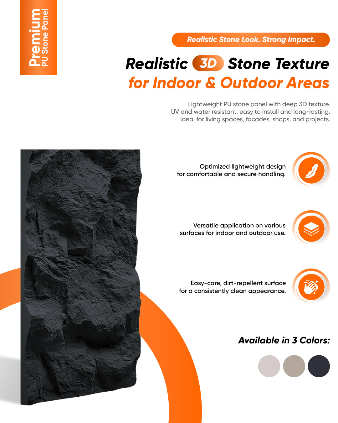 PU Wall Panels with Stone Effect | Night Stone | 5 cm Thick | 60 x 120 cm