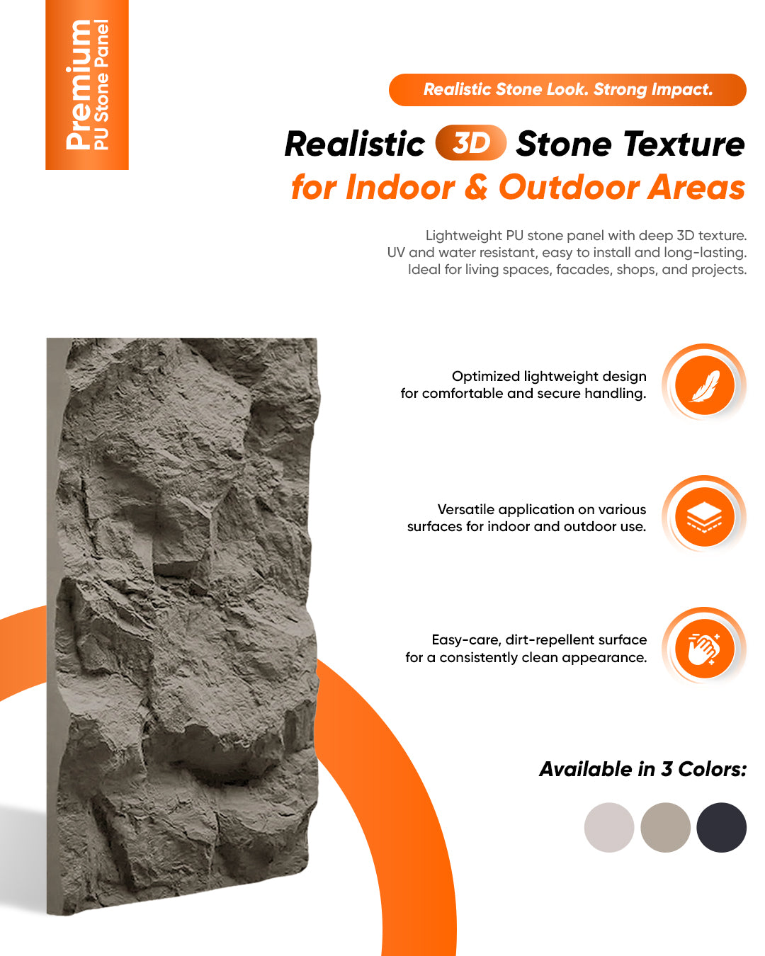 PU Wall Panels with Stone Effect | Dark Grey Stone | 5 cm Thick | 60 x 120 cm