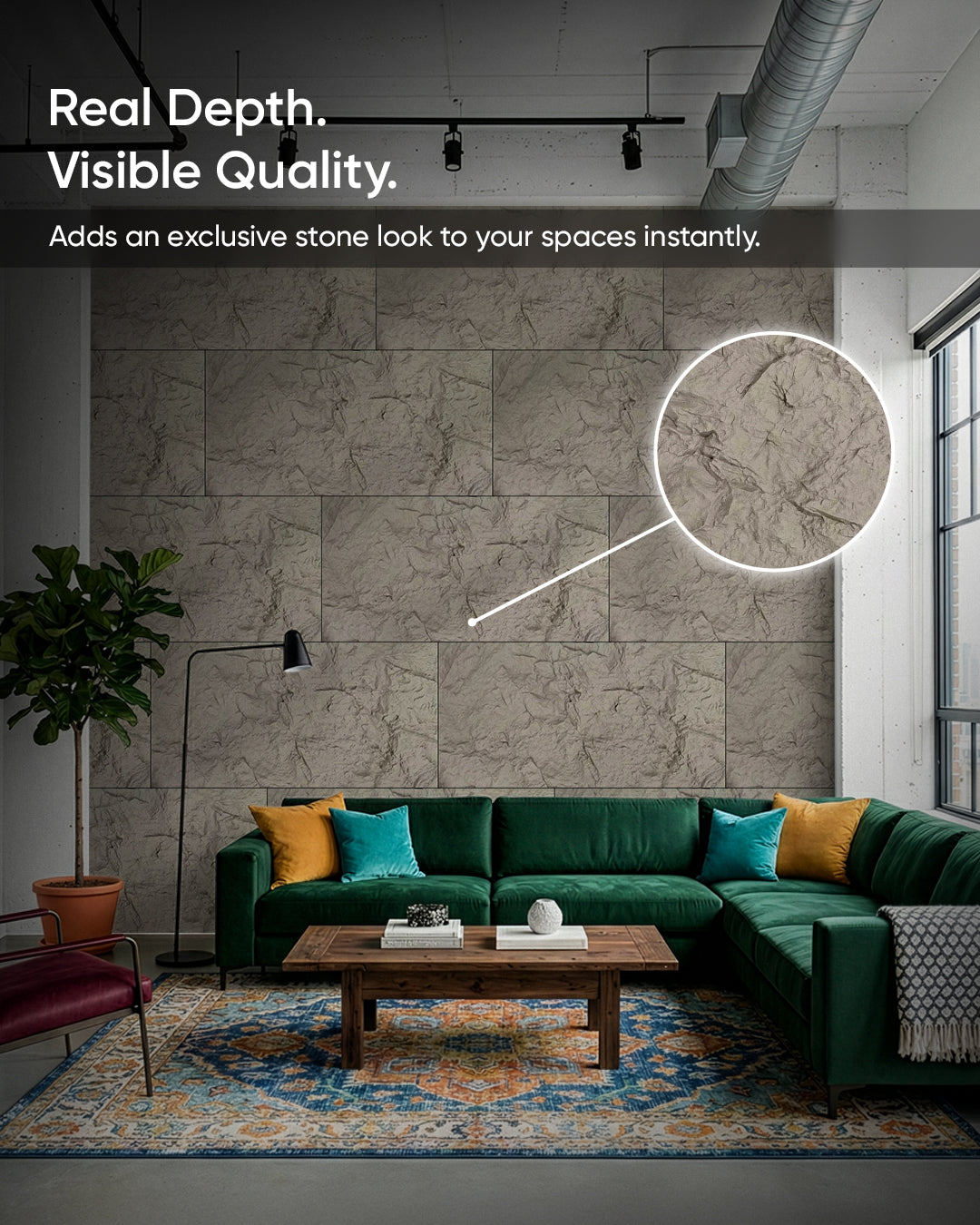PU Wall Panels with Stone Effect | Dark Grey Stone | 5 cm Thick | 60 x 120 cm