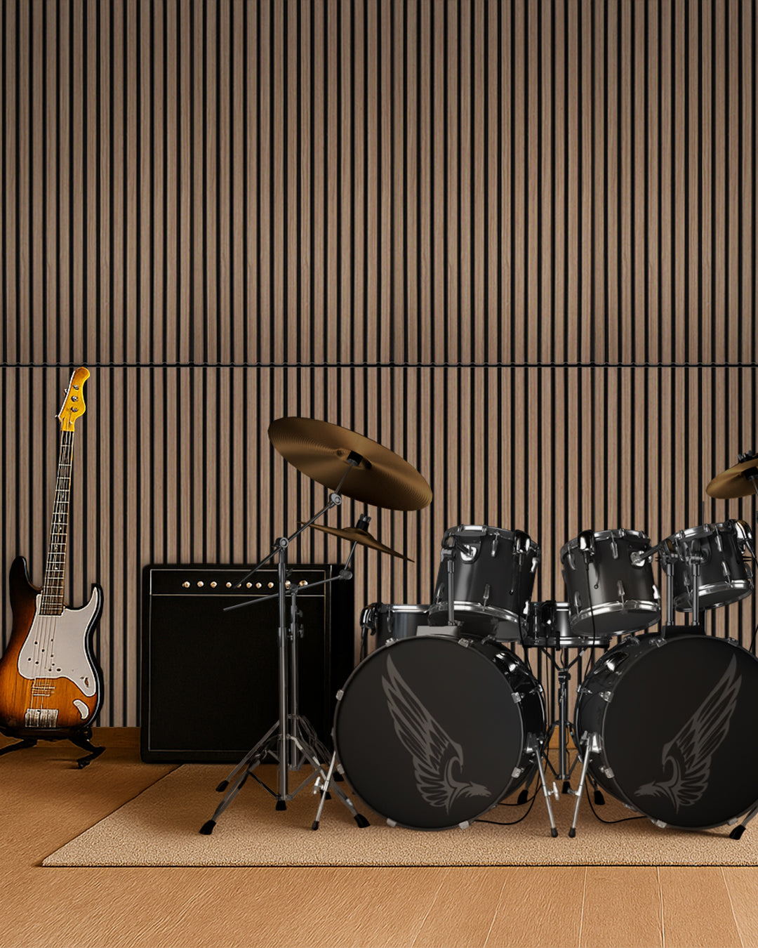 Self-Adhesive Acoustic Panel 60 × 120 × 2.1 cm | Dark Walnut Wood Effect 4-Piece Set