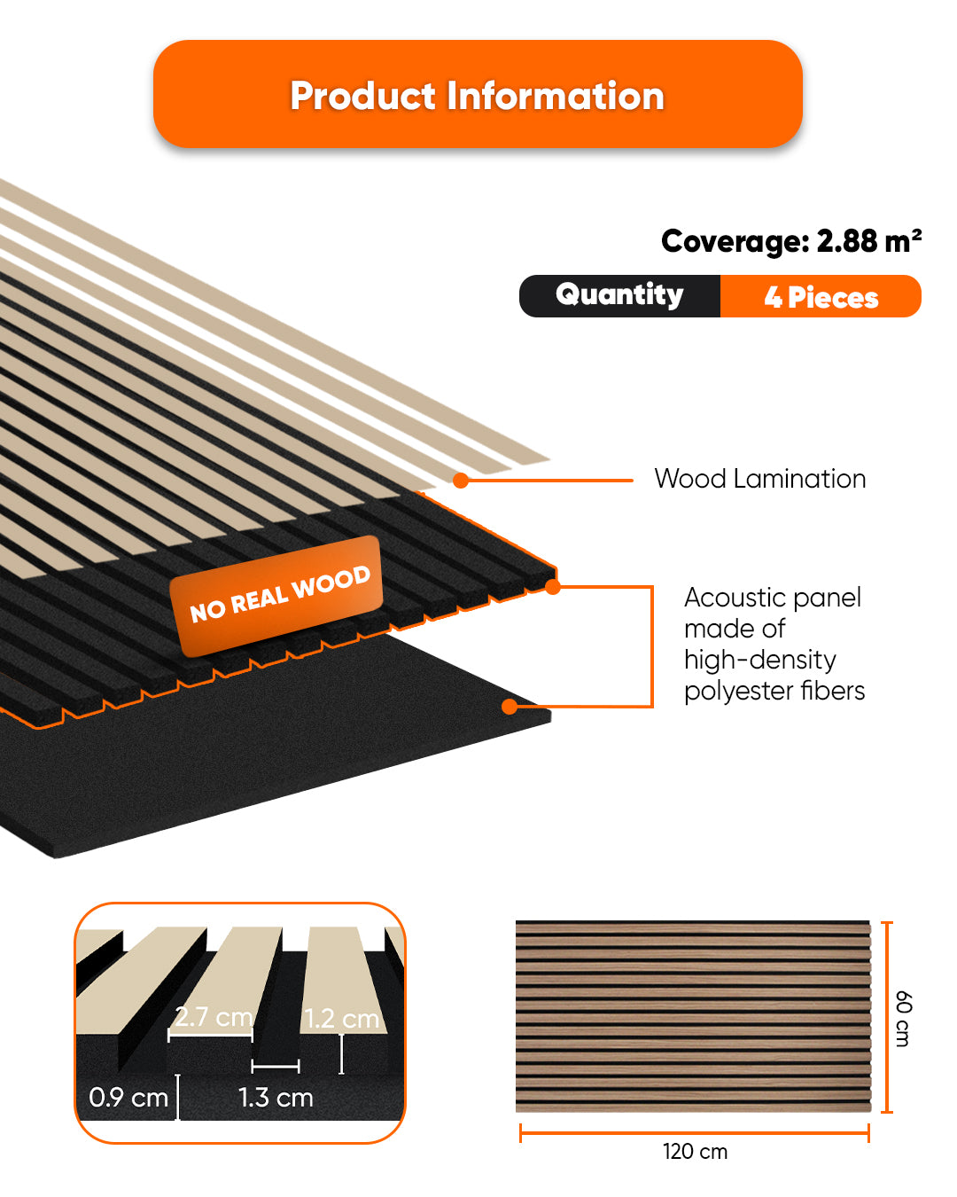Self-Adhesive Acoustic Panel 60 × 120 × 2.1 cm | Dark Walnut Wood Effect 4-Piece Set