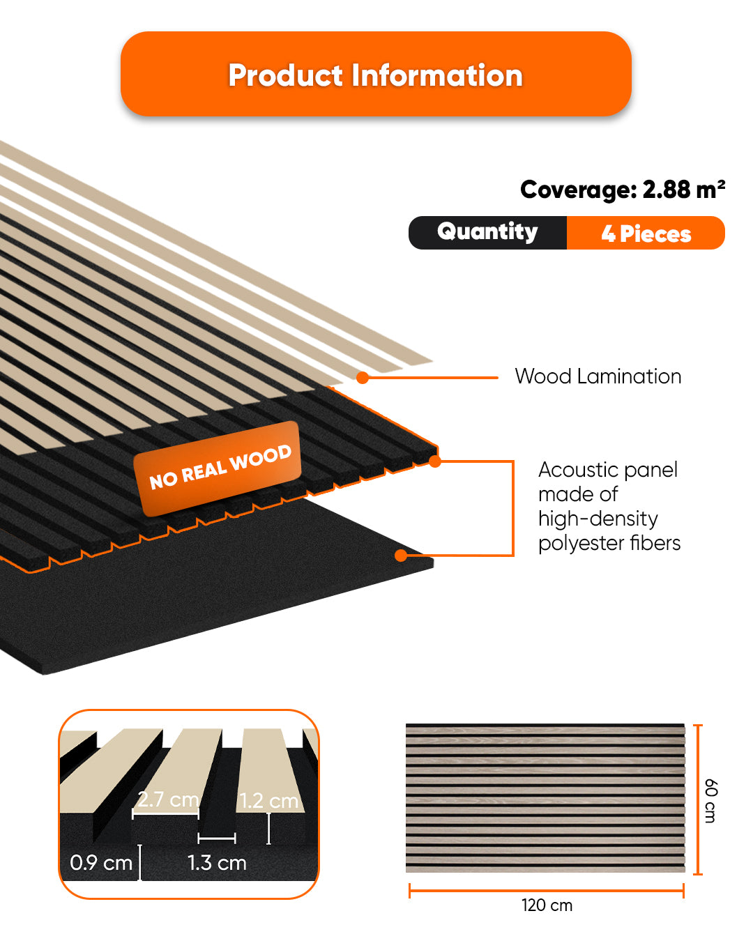 Self-Adhesive Acoustic Panel 60 x 120 x 2.1 cm | Light Oak Wood Effect 4-Piece Set