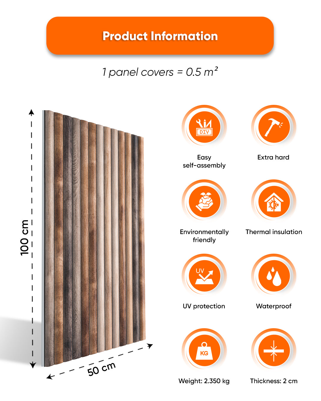 Wall Cladding Wood Look 50×100×2 cm | 3D Wall Panels Made of Styrofoam | Rustic Wood OP-02