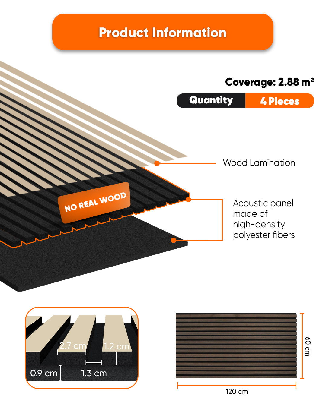 Self-Adhesive Acoustic Panel 60 x 120 x 2.1 cm | Smoke Walnut Wood Effect 4-Piece Set