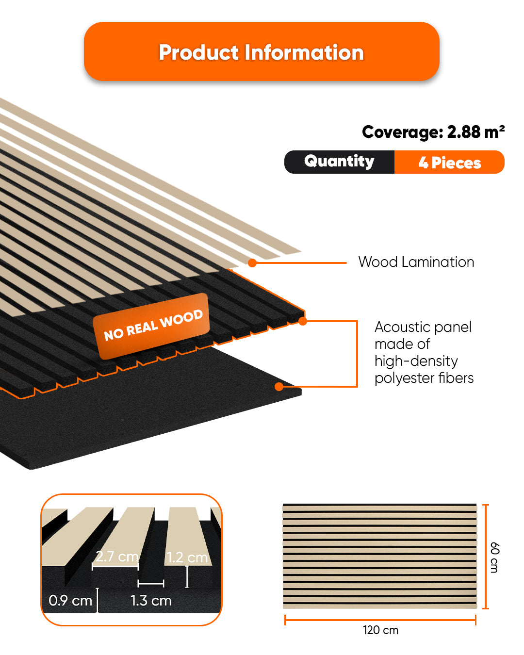 Self-Adhesive Acoustic Panel 60 × 120 × 2.1 cm | White Oak Wood Effect 4-Piece Set